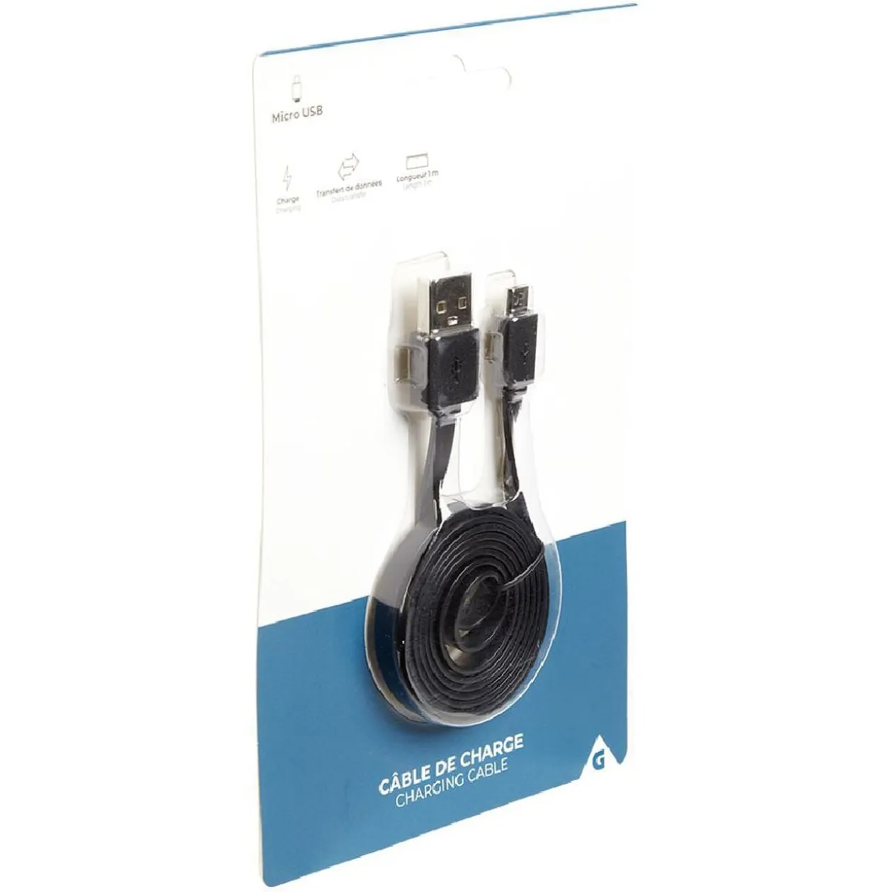 Câble de charge micro USB plat 1 m blanc ou noir