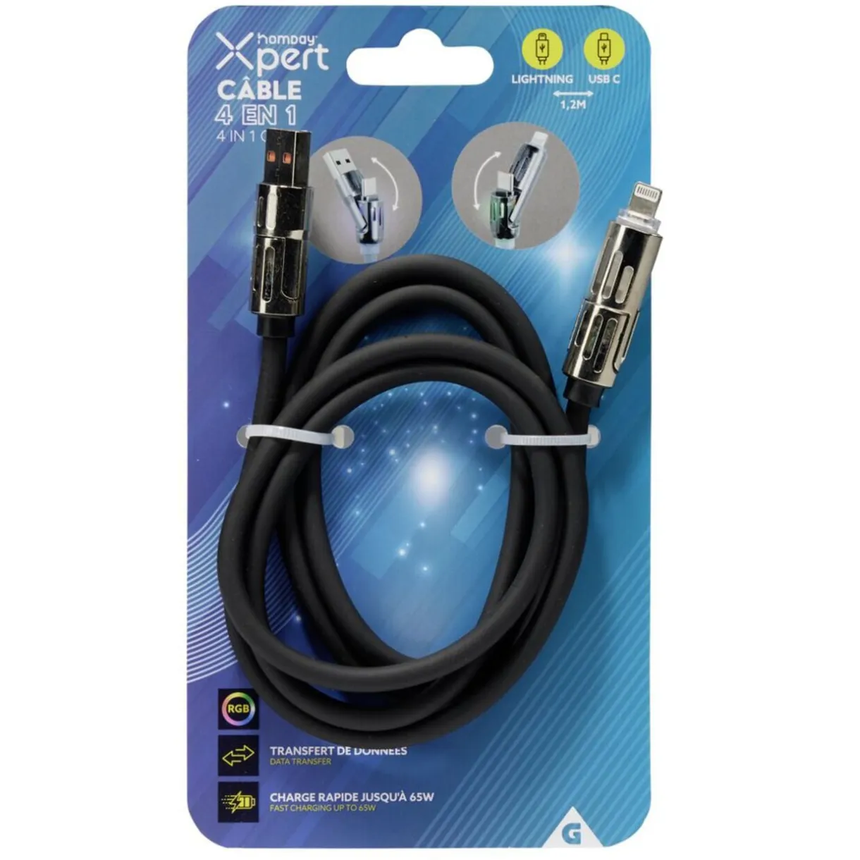 Câble lumineux lightning USB USBC 4en1 RGB 1,2m (4 modèles) < Gifi Outlet