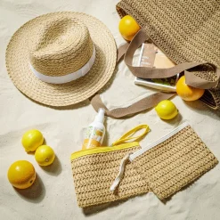 Chapeau de paille style Panama avec ruban 34x33,5xH11cm (3 modèles)
