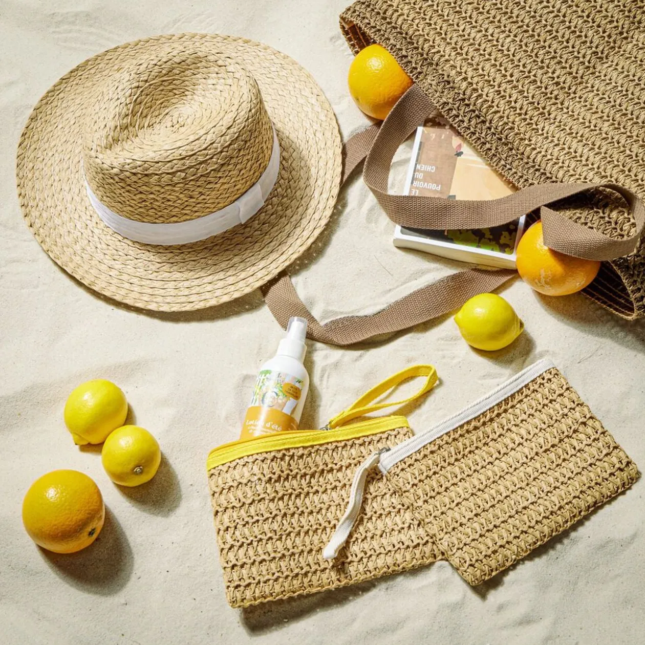 Chapeau de paille style Panama avec ruban 34x33,5xH11cm (3 modèles)
