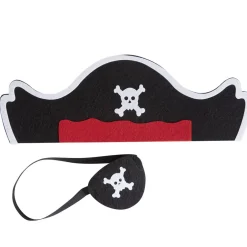Chapeau de pirate et cache-oeil motif tête de mort noir rouge blanc