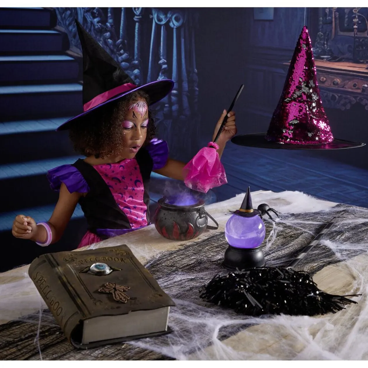 Chapeau Halloween enfant sorcière pailleté Ø35cm (2 modèles)