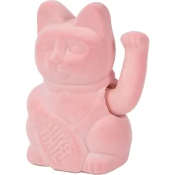 Chat porte-bonheur velours rose 11xH15x9cm