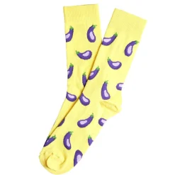 Chaussette homme polycoton tige longue jaune motif aubergine T41/46