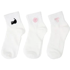 Chaussettes femme x3 tige basse coton blanc avec broderie noire et rose 36/40