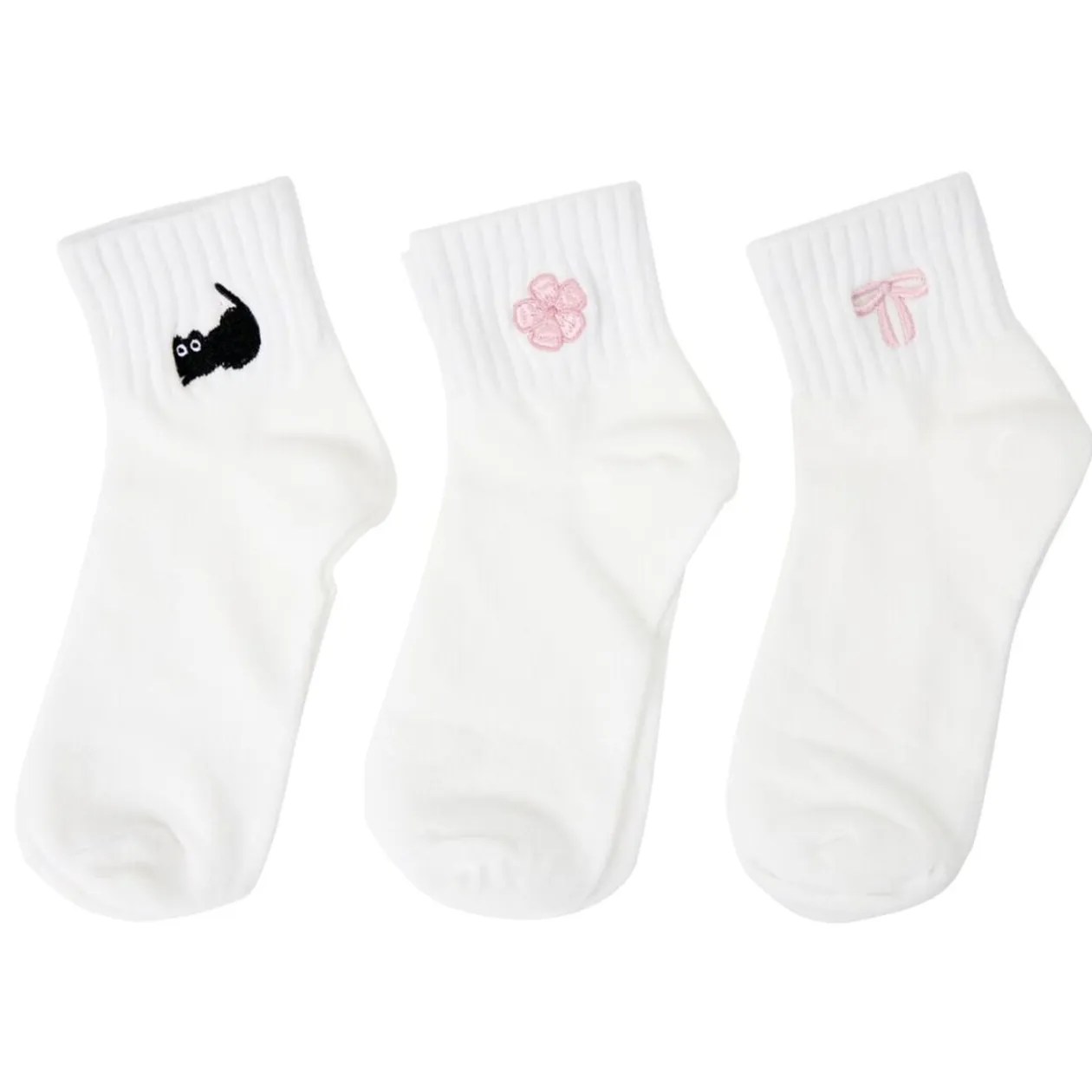 Chaussettes femme x3 tige basse coton blanc avec broderie noire et rose 36/40