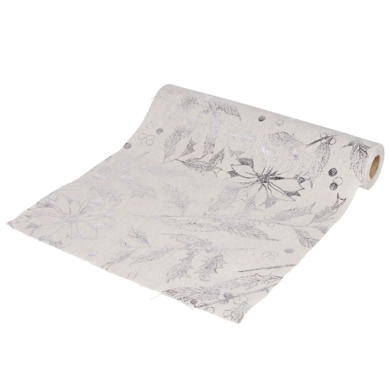 Chemin de table beige motif feuillage argenté 3m