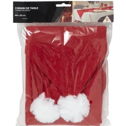 Chemin de table design bonnet de Noël rouge et pompon blanc