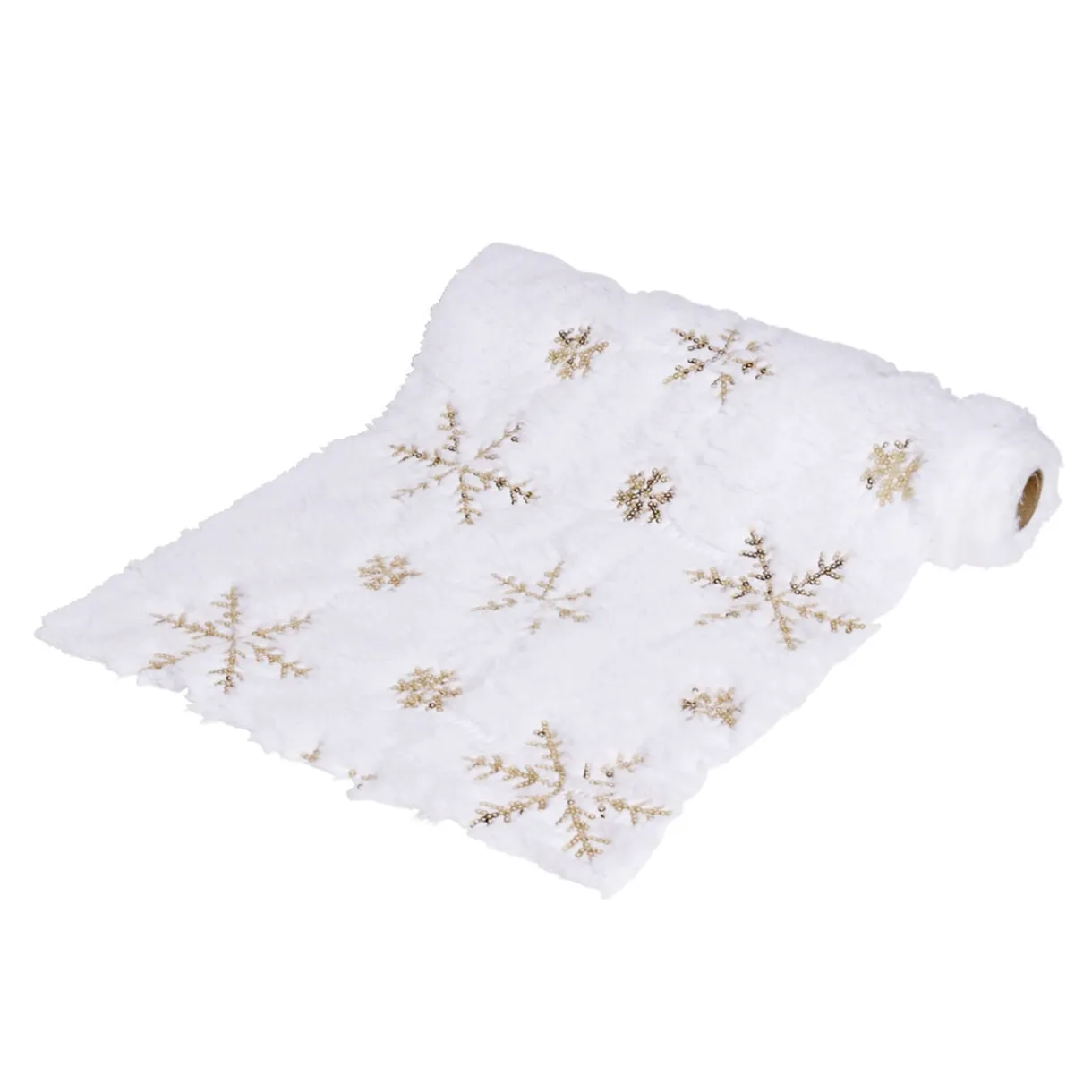 Chemin de table en tissu peluche blanc motifs flocons dorés 3m < Gifi New
