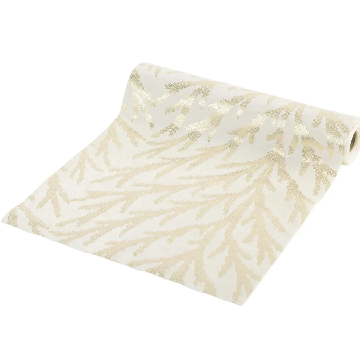Chemin de table imitation velours imprimé branche L300X28 cm blanc et argenté