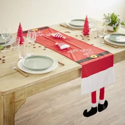 Chemin de table tissu velours rouge effet pieds de Père Noël 34x136cm
