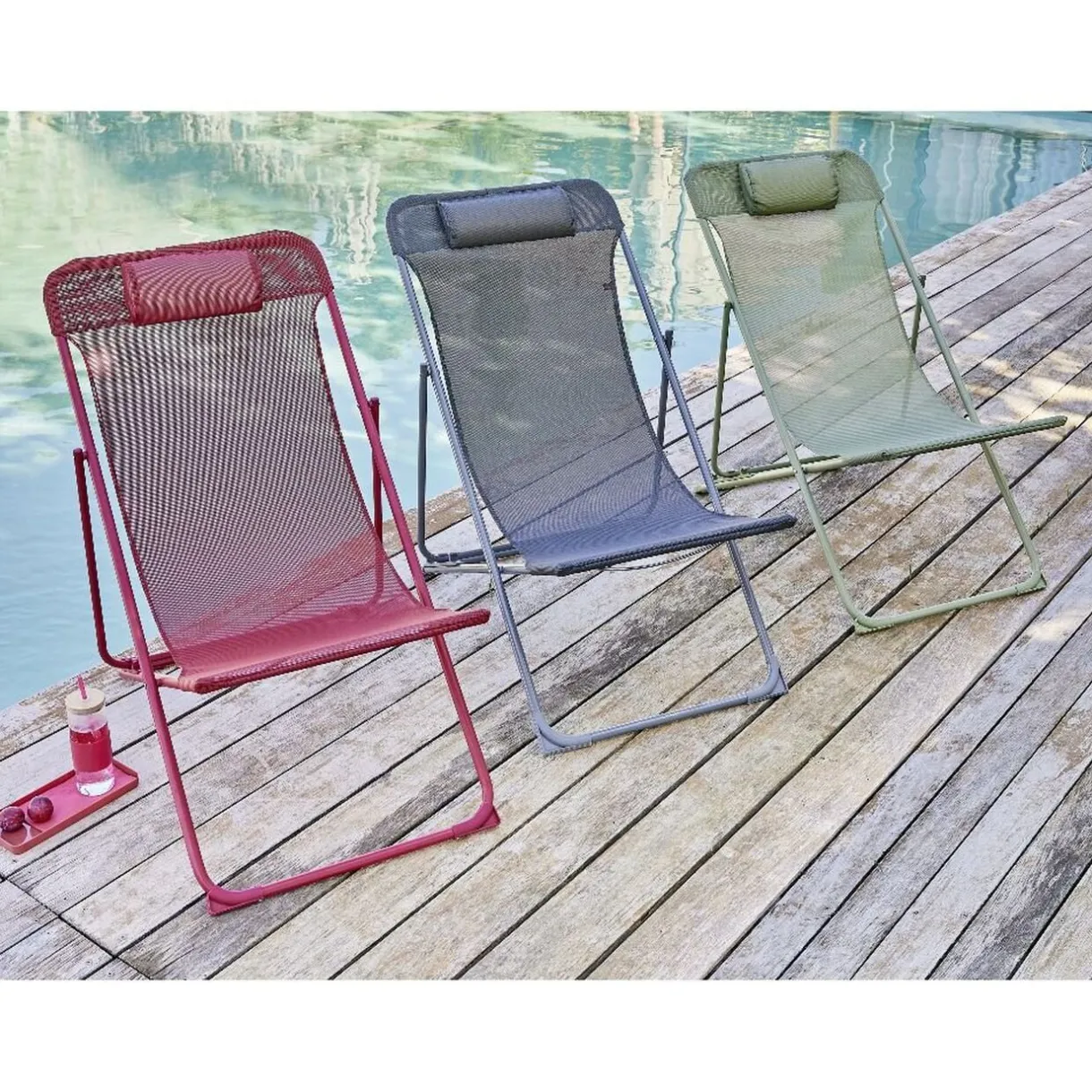 Chilienne Garden pliante avec têtière textilène rouge 56x82xH76/90cm < Gifi Clearance