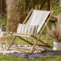 Chilienne pliante Laos bambou et tissu beige 121x60xH67cm < Gifi Outlet
