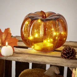 Citrouille avec guirlande LED verre transparent orange Ø18x16cm < Gifi New