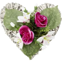 Coeur effet tressé fleur artificielle rose et lys 30x31xH16cm