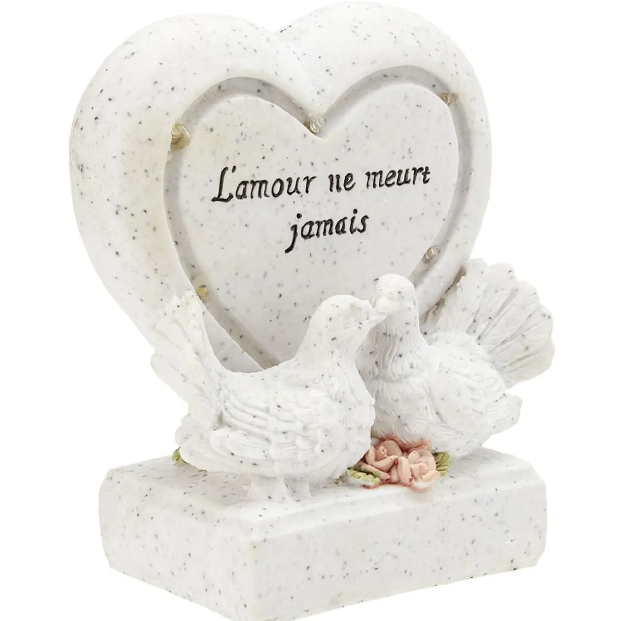 Coeur funéraire lumineux + colombe x2 en résine