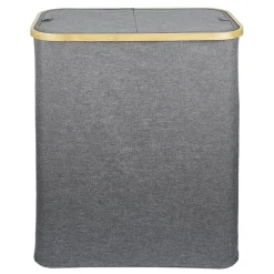 Coffre à linge double 50L bambou et tissu gris