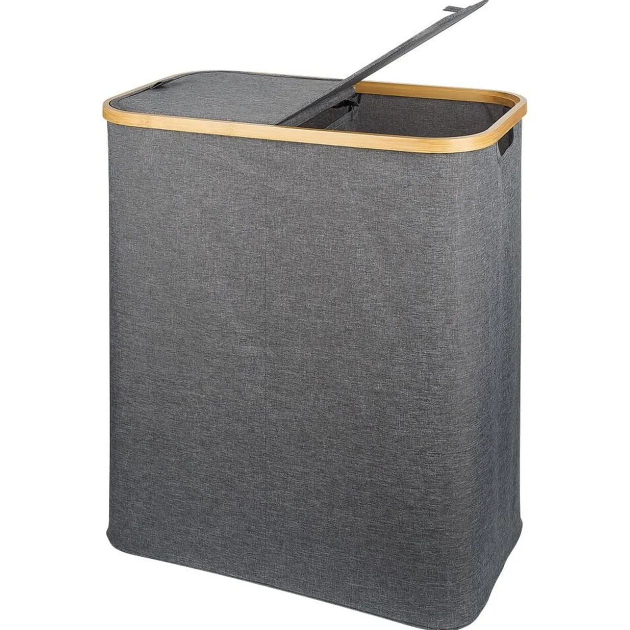 Coffre à linge double 50L bambou et tissu gris