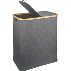 Coffre à linge double 50L bambou et tissu gris
