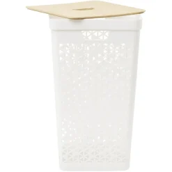 Coffre linge 56L couvercle bambou beige < Gifi