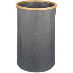 Coffre à linge rond 75L bambou et polyester gris