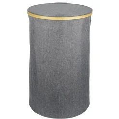 Coffre à linge rond 75L bambou et polyester gris
