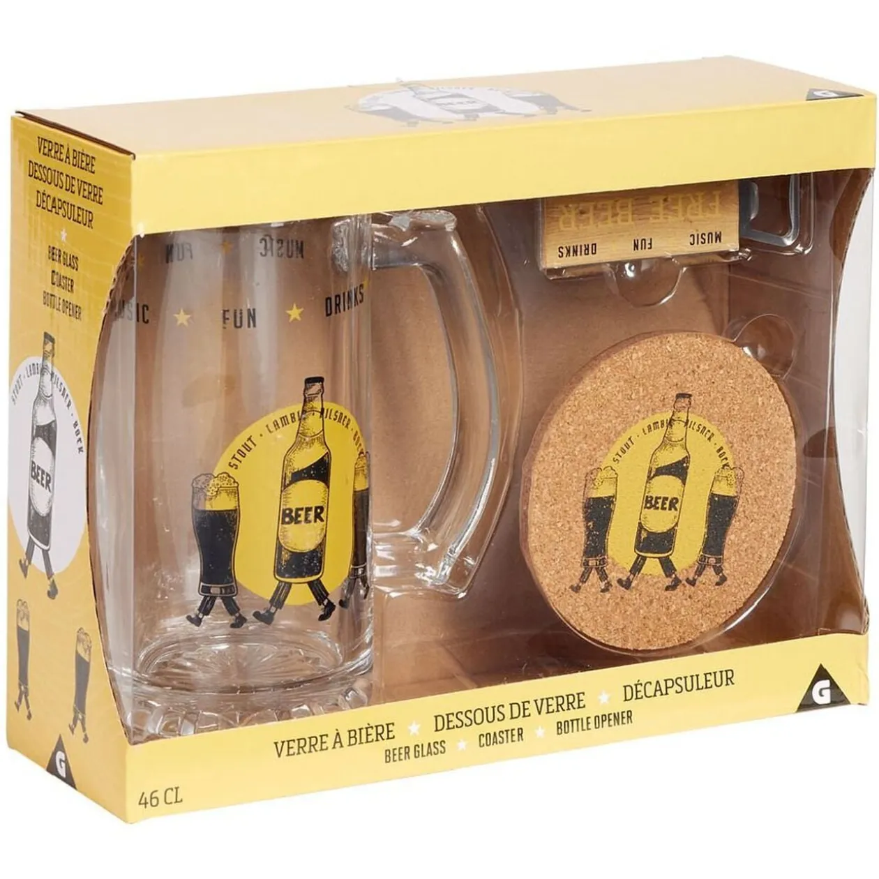 Coffret bière 3 pièces verre décapsuleur et sous-verre - 2 modèles