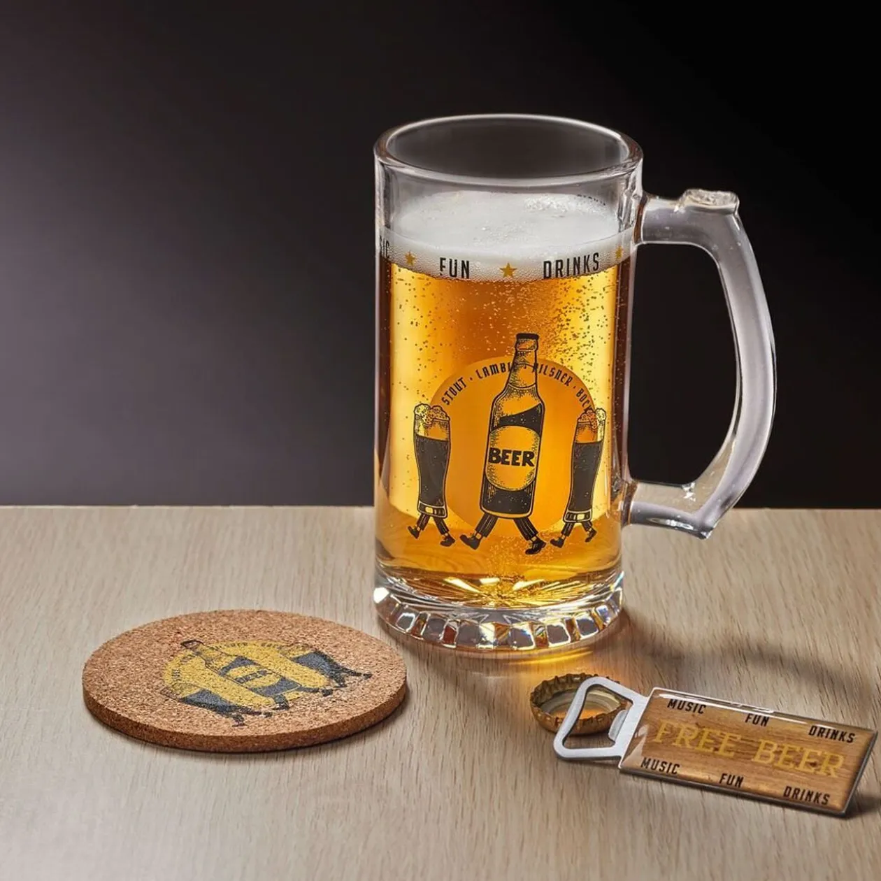 Coffret bière 3 pièces verre décapsuleur et sous-verre - 2 modèles