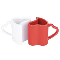 Coffret cadeau mug faïence x2 forme coeur emboîtable rouge et blanc 7x13xH7,5cm