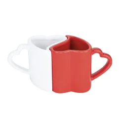Coffret cadeau mug faïence x2 forme coeur emboîtable rouge et blanc 7x13xH7,5cm