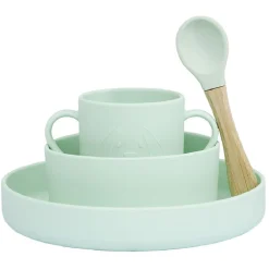 Coffret repas Bébé silicone 4 pièces vert et bois