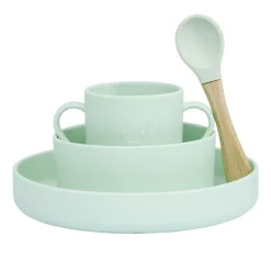 Coffret repas Bébé silicone 4 pièces vert et bois