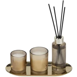 Coffret senteur bougie x2 avec diffuseur 100ml et plateau métal doré (3 modèles)