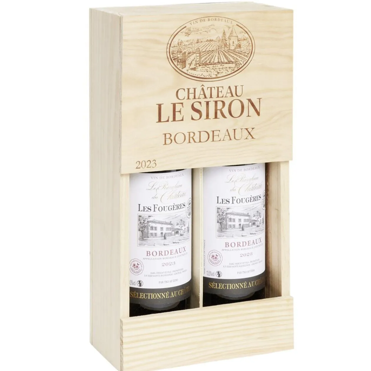 Coffret vin rouge en bois 2 bouteilles Bordeaux Château Le Siron 2023 2x75cl