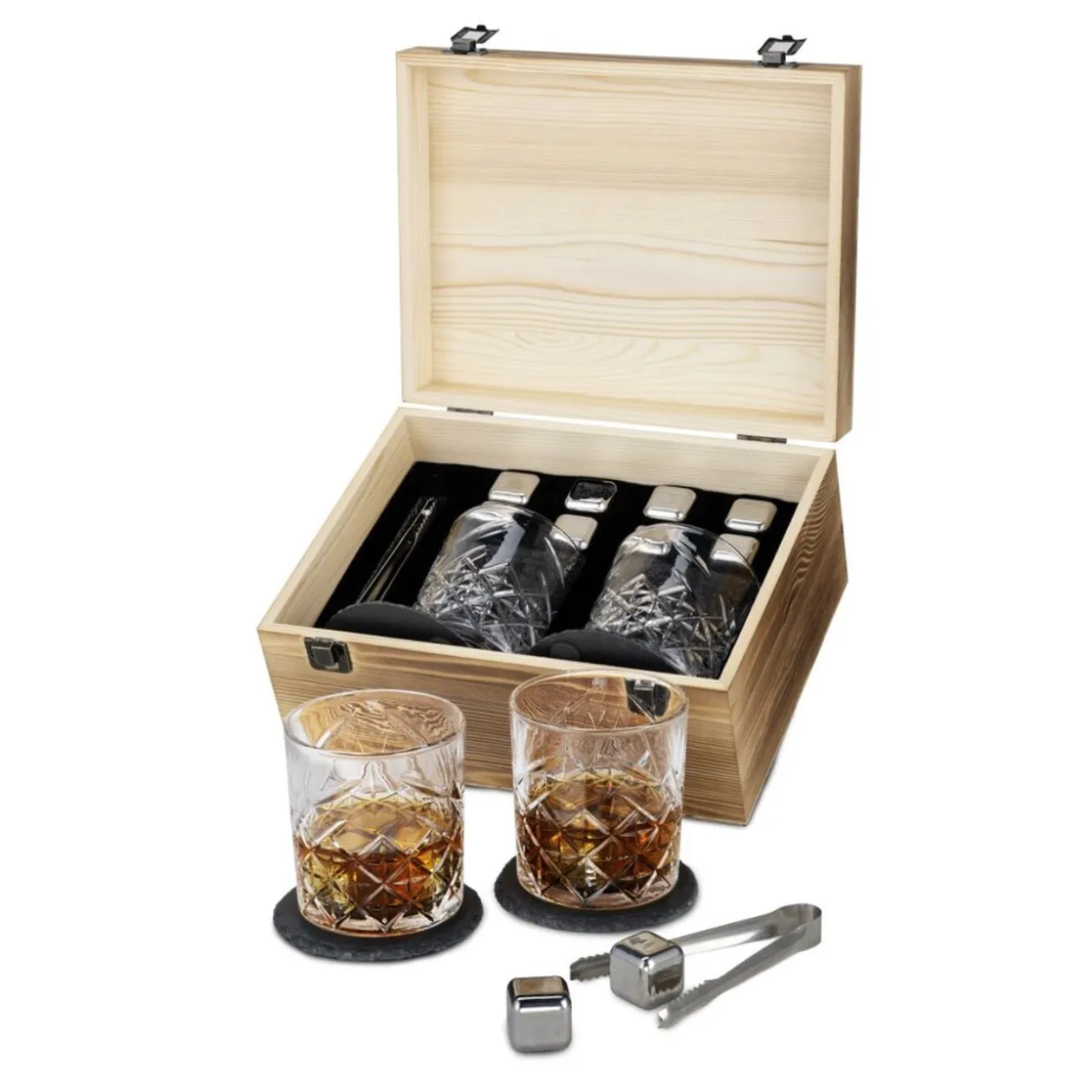 Coffret whisky 2 verres 8 glaçons inox 2 sous-verres et 1 pince 13 pièces