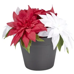 Composition florale artificielle en pot 5 tiges dahlia rouge et blanc
