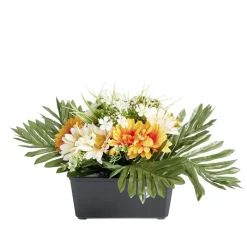 Composition florale artificielle gerbera orange blanc jardinière L34xH28cm