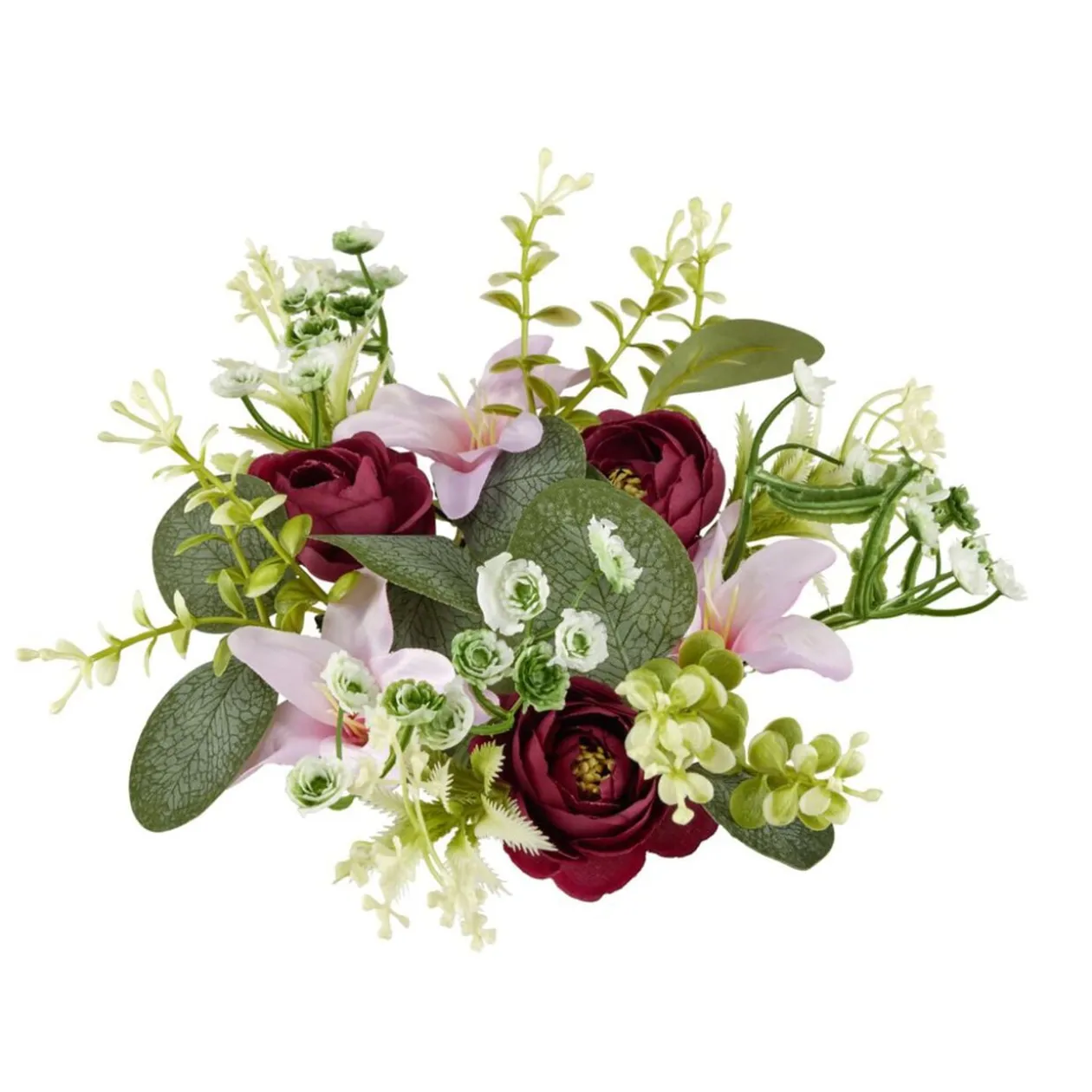 Composition florale artificielle couronne multifleur rose Ø30cm
