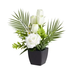 Composition florale artificielle roses et tulipes blanches pot 20x18xH34cm < Gifi Sale