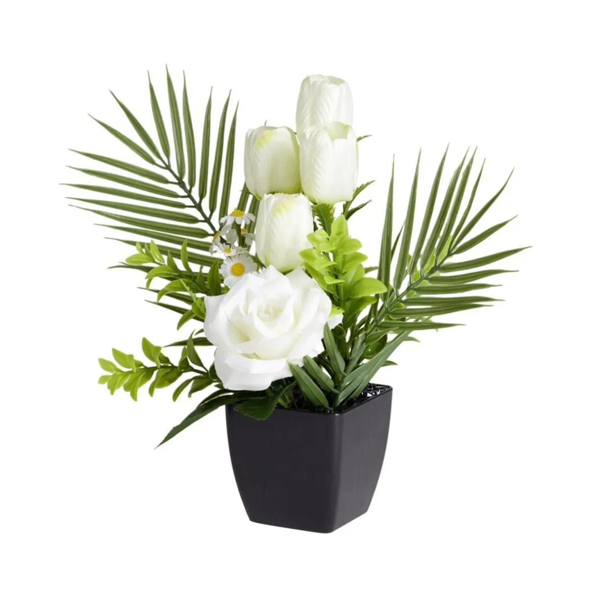 Composition florale artificielle roses et tulipes blanches pot 20x18xH34cm < Gifi Sale
