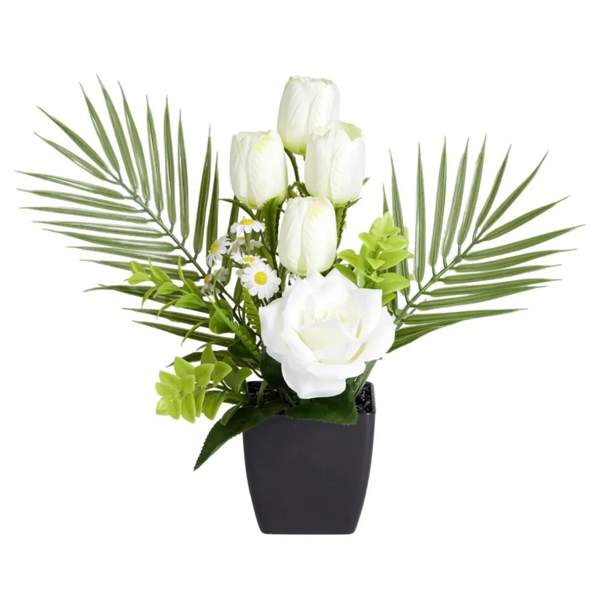 Composition florale artificielle roses et tulipes blanches pot 20x18xH34cm < Gifi Sale
