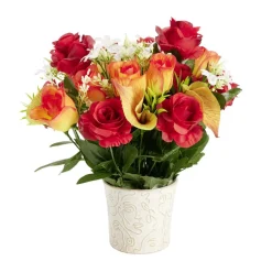 Composition florale artificielle roses et arums rouges orange dans pot H35cm