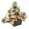 Composition florale artificielle roses et lys fuschias jardinière L76xH46cm