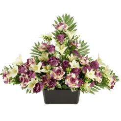 Composition florale artificielle roses et lys fuschias jardinière L76xH46cm