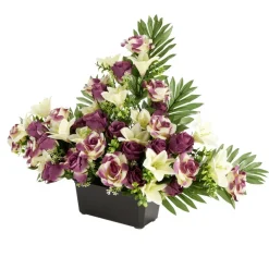 Composition florale artificielle roses et lys fuschias jardinière L76xH46cm