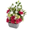 Composition florale artificielle multifleur rouge vase ciment L50xH60cm