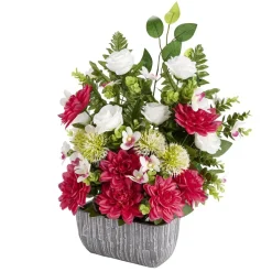 Composition florale artificielle multifleur rouge vase ciment L50xH60cm