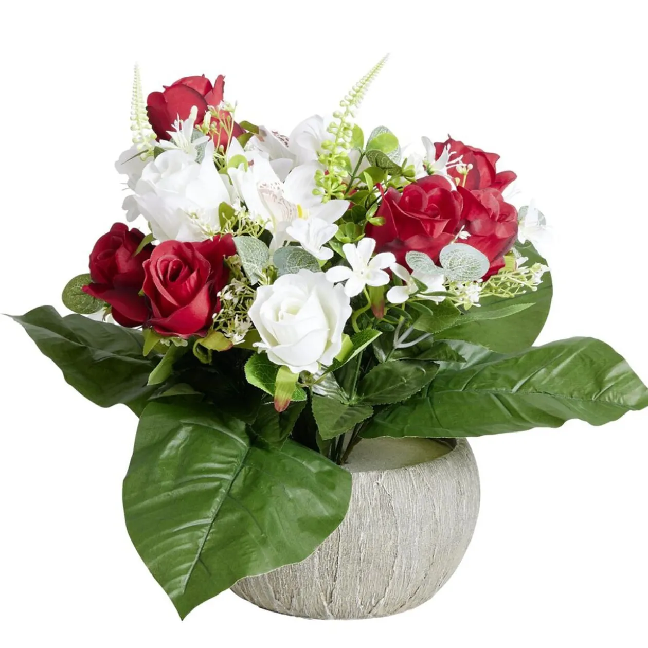 Composition florale artificielle rose orchidée bruyère rouges vasque Ø40cm