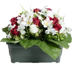 Composition florale artificielle rose orchidée bruyère rouge jardinière H42cm < Gifi Online