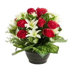 Composition florale artificielle roses rouges lys eucalyptus vasque Ø38xH35cm < Gifi Discount